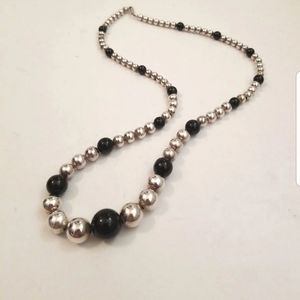 Vintage Solid Sterling Silver Graduated Beads and Onyx Necklace
